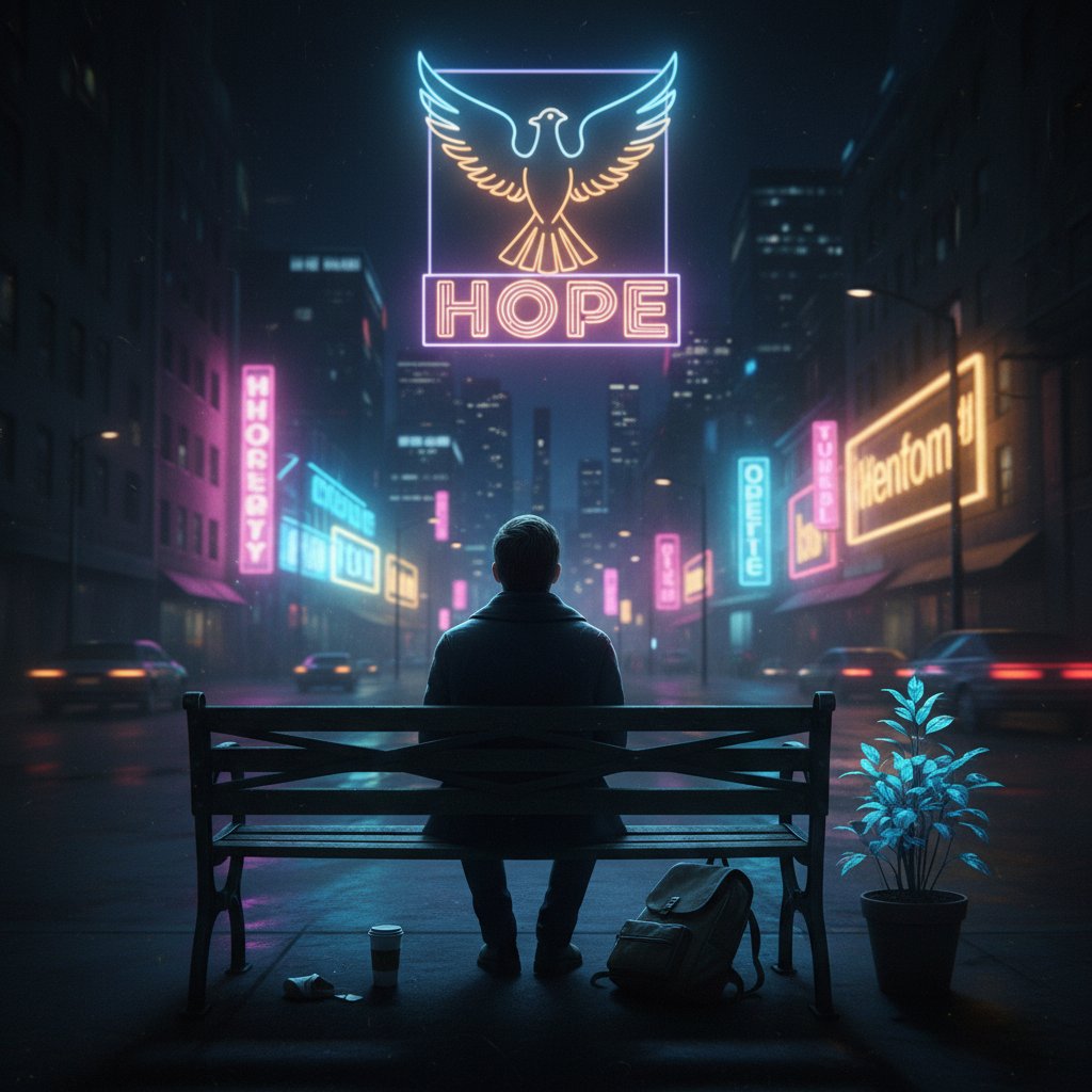 Osoba samotnie siedząca na ławce nocą, klimatyczne miejskie oświetlenie, pustka i nadzieja