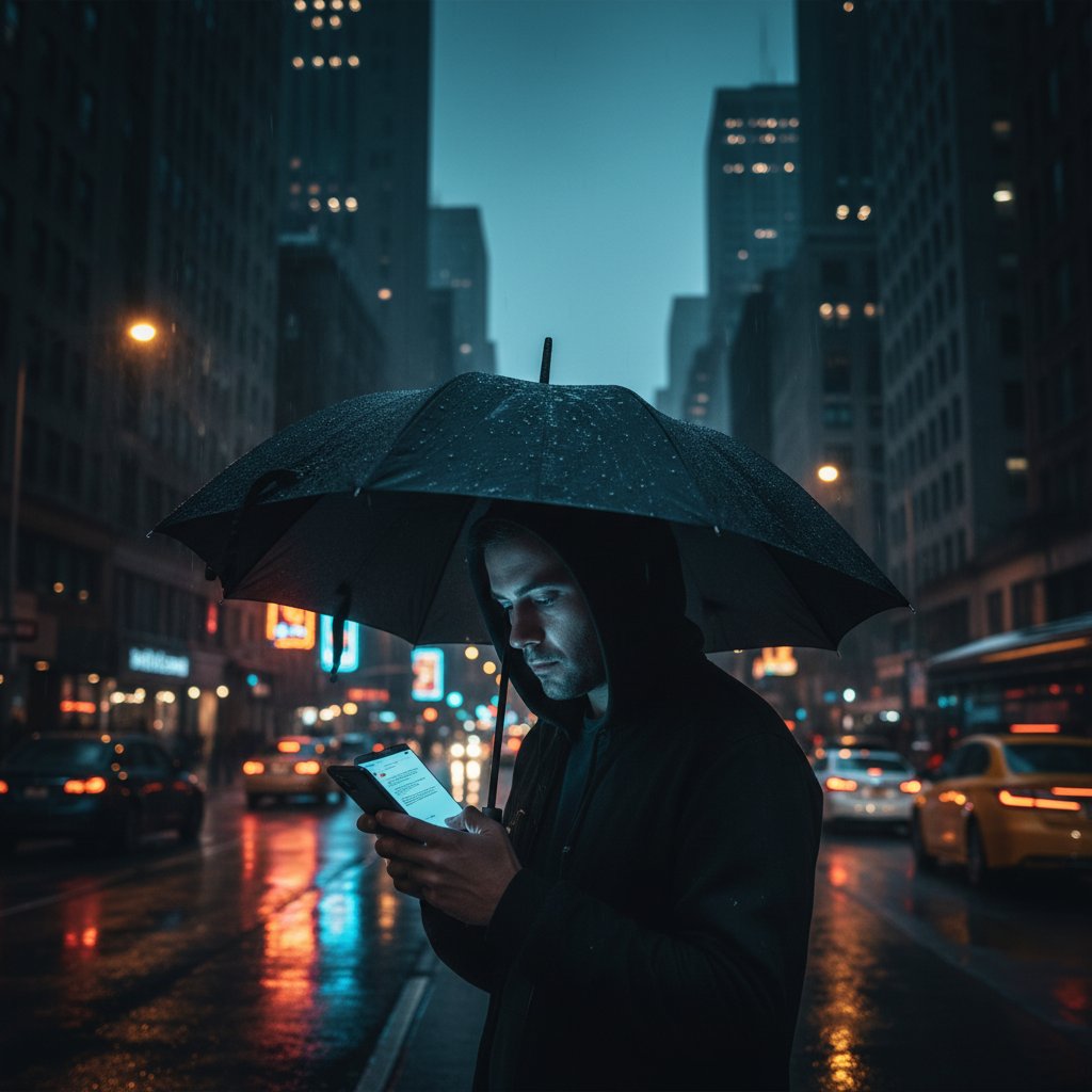 Osoba samotnie patrząca przez okno nocą, światło telefonu odbijające się na twarzy, miasto w tle, atmosfera bezsenności