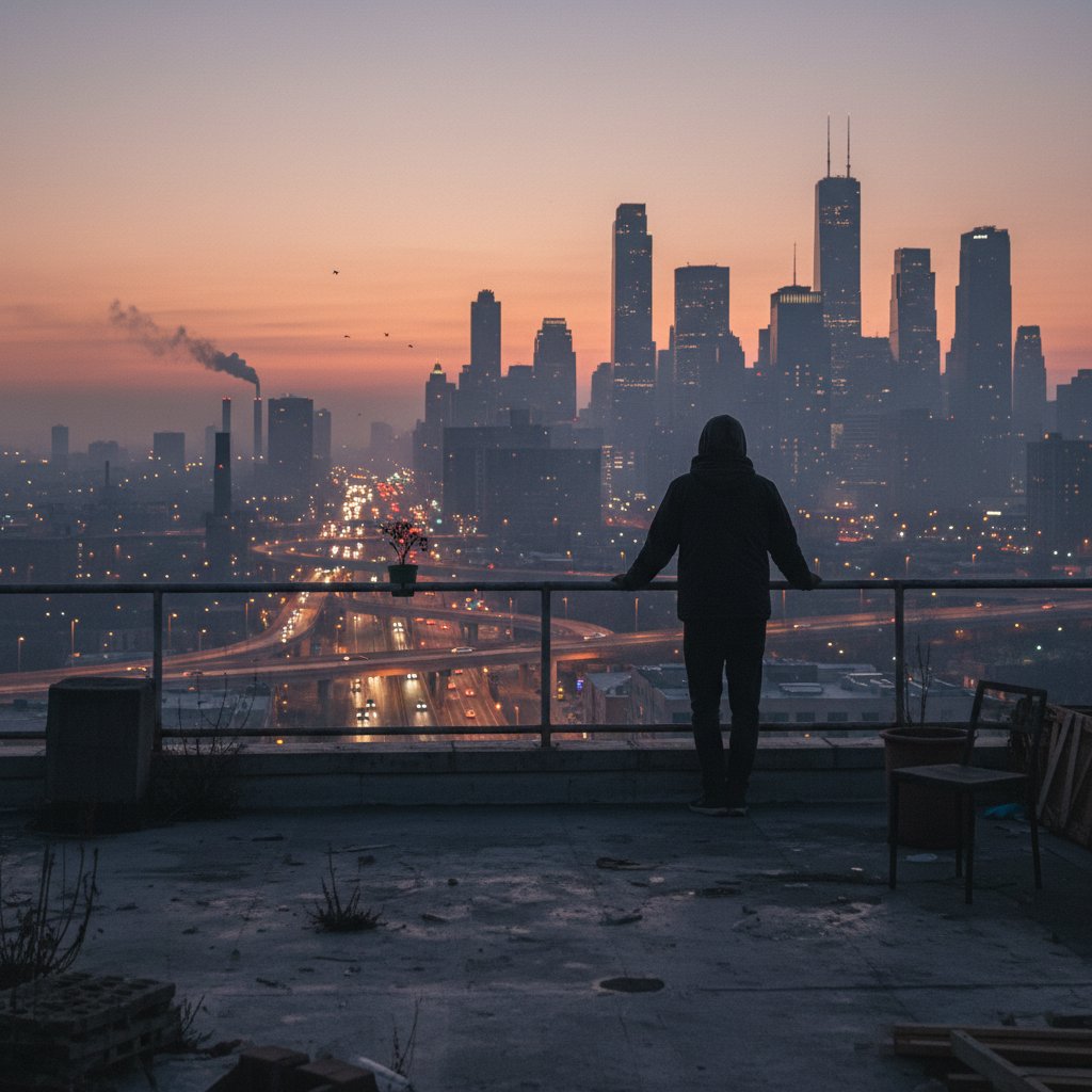 Osoba stojąca samotnie na dachu miasta o zmierzchu, obrazująca samotność i lęk