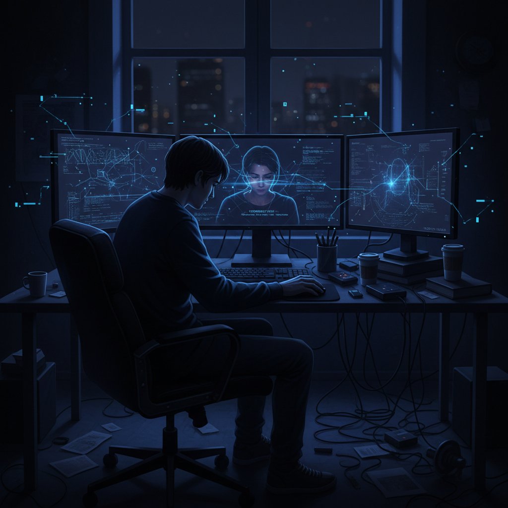 Samotny użytkownik komputera nocą, cyfrowe obiekty przejściowe i samotność