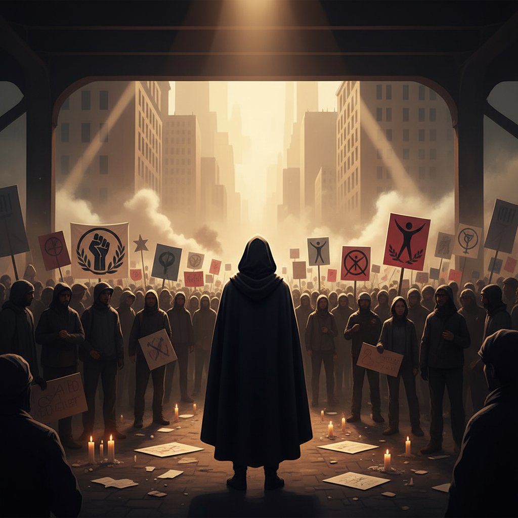 Symboliczna scena – samotna osoba na tle tłumu protestujących, światło i cień