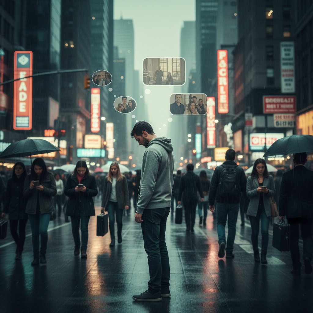 Osoba samotnie stojąca w tłumie, zignorowana przez otoczenie, symbolizująca psychologię ignorowania