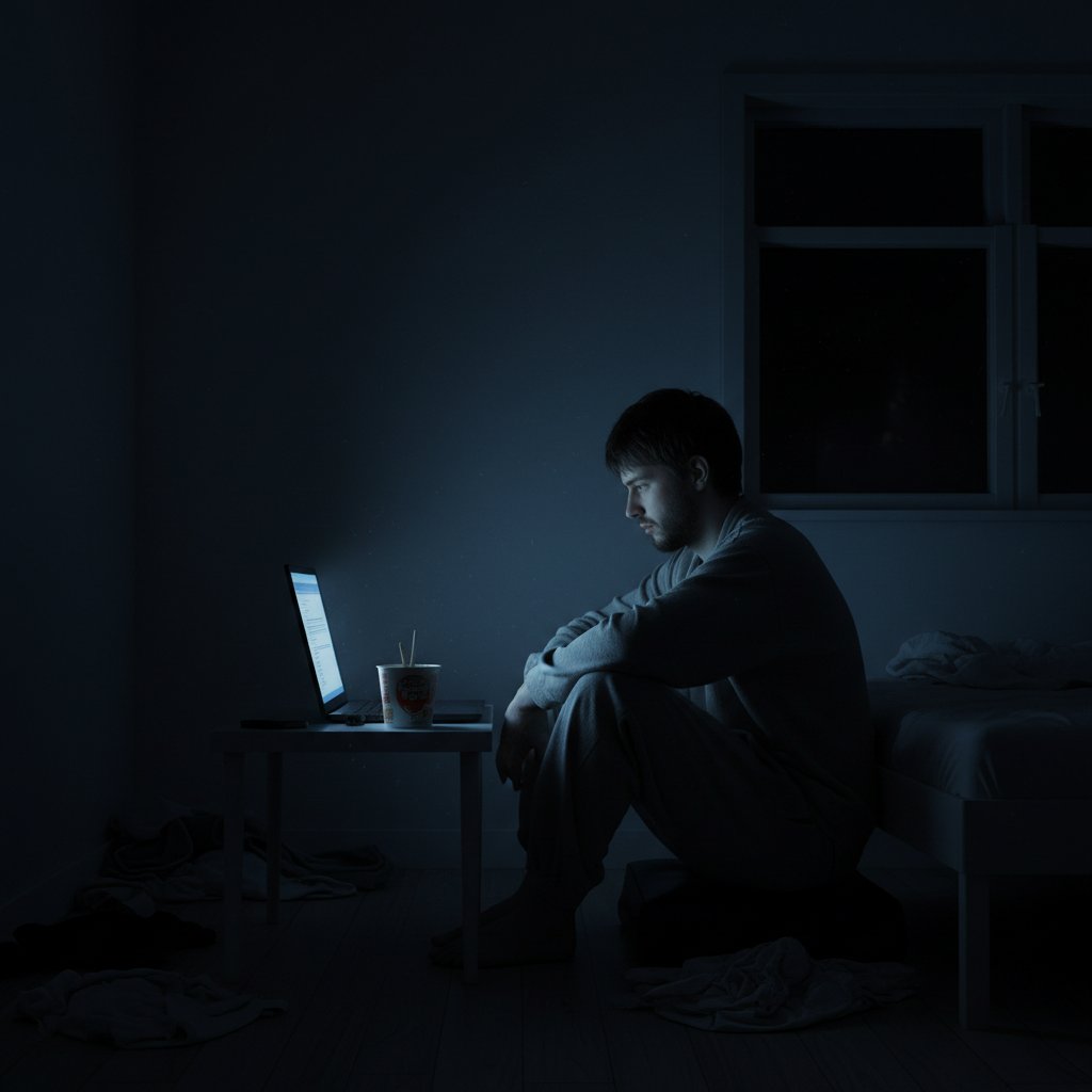 Osoba wpatrująca się w ekran laptopa w ciemnym pokoju, symbolizująca nudę i izolację online