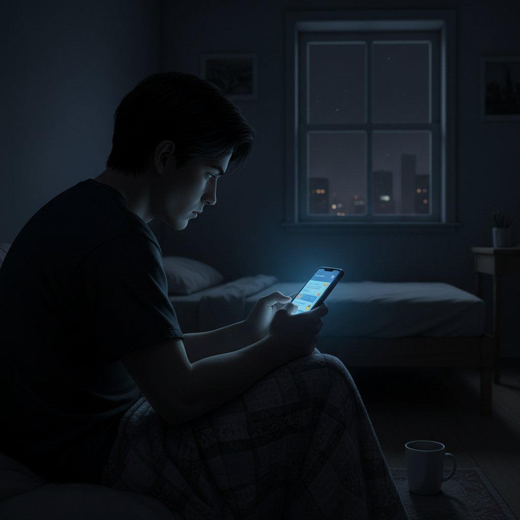 Samotna osoba siedząca w ciemnym pokoju, patrzy na ekran telefonu, rozmowa online z kumplem
