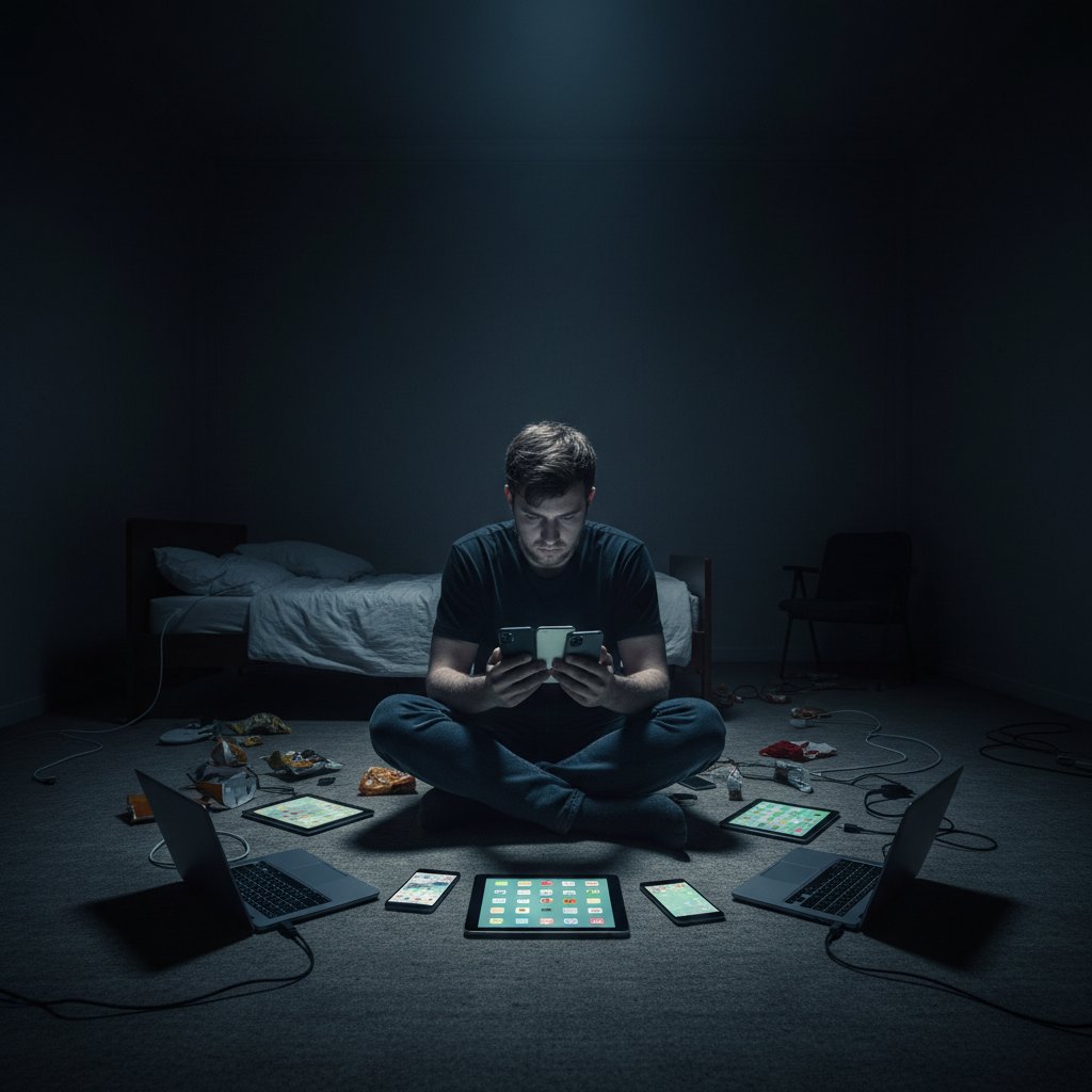 Osoba samotna, patrząca w ekran w ciemnym pokoju, otoczona telefonami i tabletami