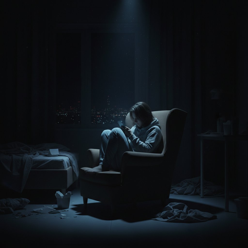 Junger Mensch schaut sehnsüchtig aufs Smartphone in dunklem Raum, symbolisiert Einsamkeit und digitale Sehnsucht
