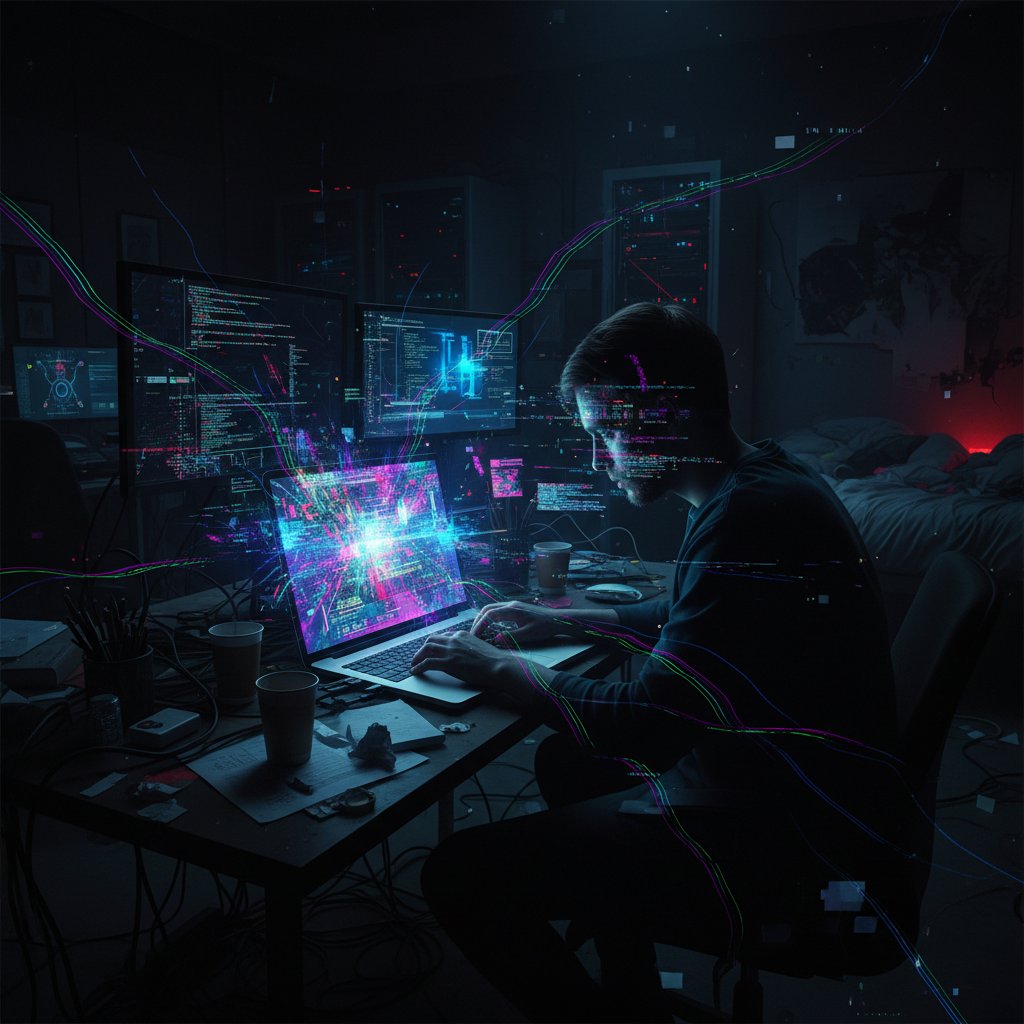 Samotna osoba w nocy, otoczona cyfrowym chaosem, motywacja do działania online