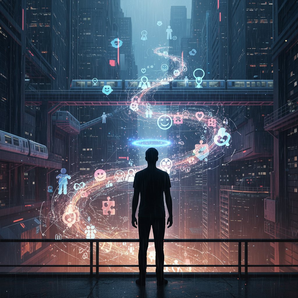 Osoba samotna w miejskim tłumie, wokół niej cyfrowe ikony kontaktów