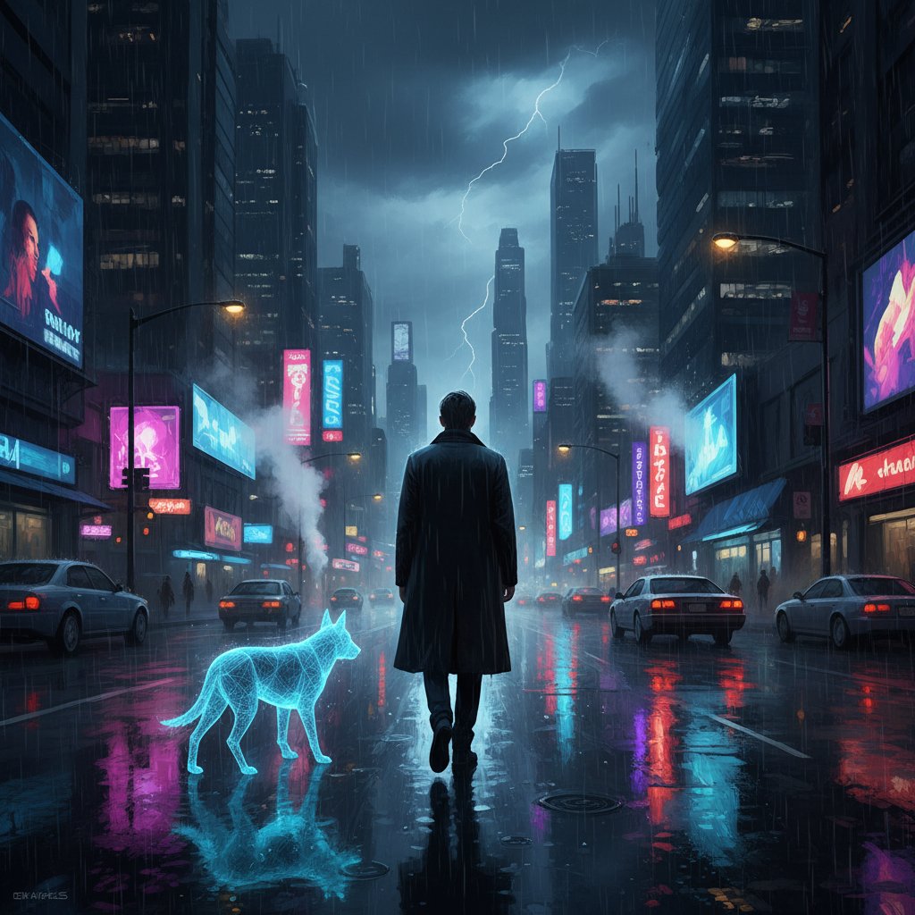 Zdjęcie młodej osoby siedzącej samotnie na balkonie w nocnym mieście, z widocznym cyfrowym psem obok – symbol samotności i cyfrowego wsparcia