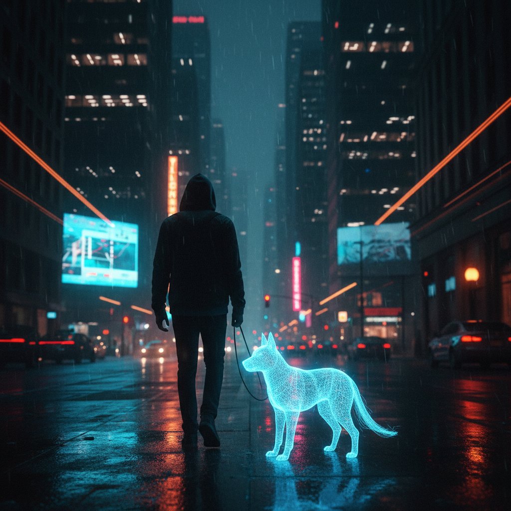 Samotna osoba patrząca na ekran telefonu z cyfrowym psem, noc, miasto