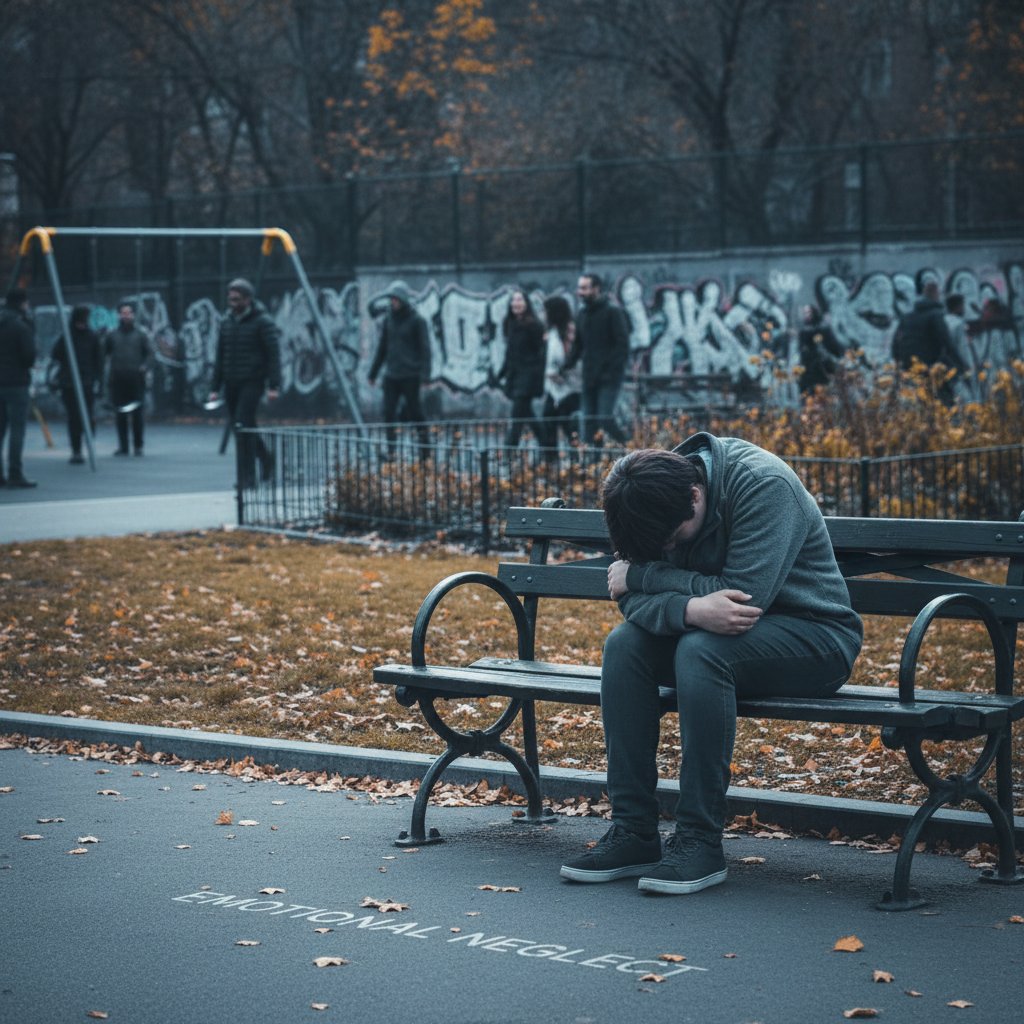 Osoba samotna w parku miejskim, symbol społecznej izolacji, zaniedbanie emocjonalne w Polsce