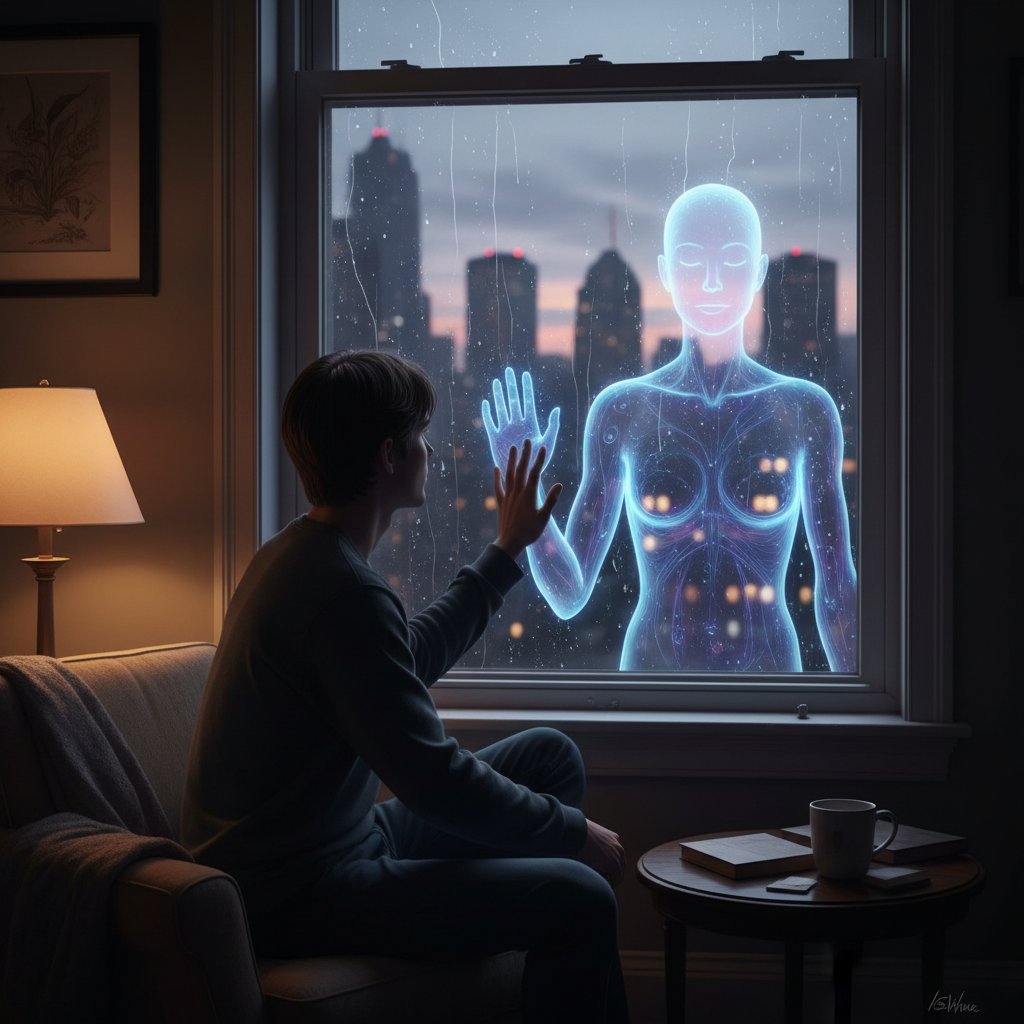 Osoba samotna siedząca przy oknie wieczorem, rozmawiająca z AI partnerem na smartfonie