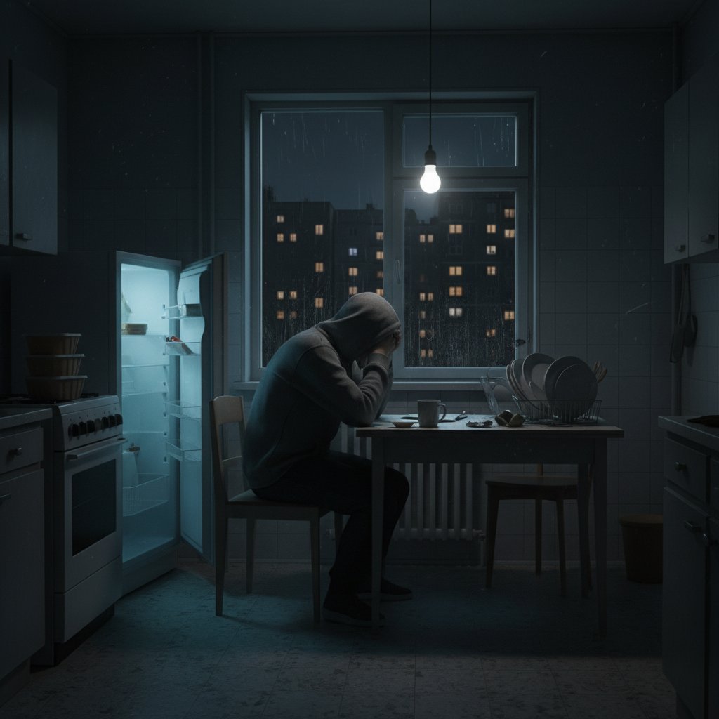 Samotna osoba siedząca w kuchni bloku mieszkalnego, światło uliczne, wieczór, atmosfera wyobcowania