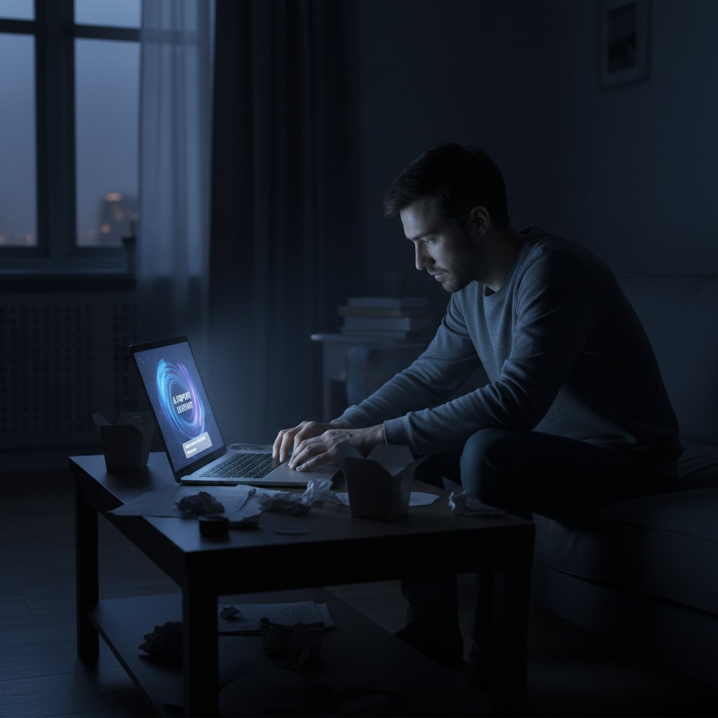 Samotna osoba patrząca na ekran laptopa w ciemnym mieszkaniu – cyfrowa samotność i wsparcie AI
