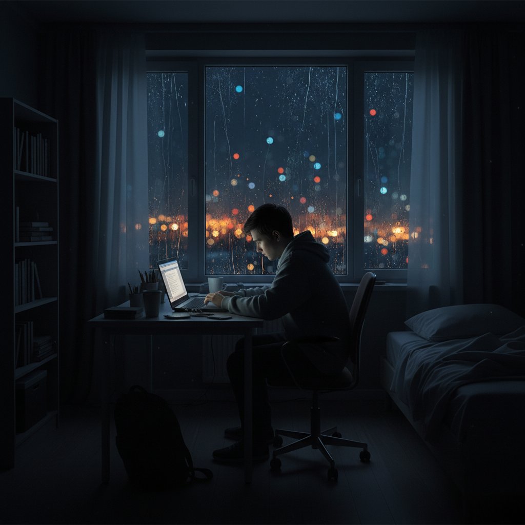 Osoba siedząca samotnie przy laptopie w ciemnym pokoju, światła miasta za oknem, atmosfera samotności i cyfrowej izolacji