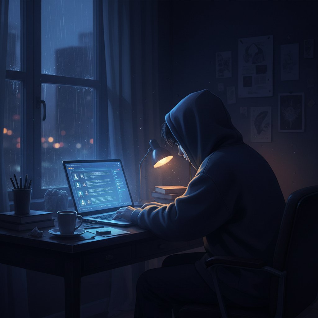 Samotna osoba w pokoju z laptopem, czatbubbles, atmosfera psychologiczna