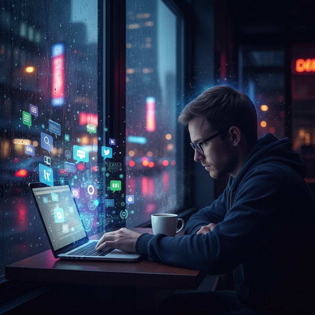 Osoba korzystająca z laptopa w ciemnym pokoju, otoczona cyfrowymi ikonami czatu i symbolami bezpieczeństwa online