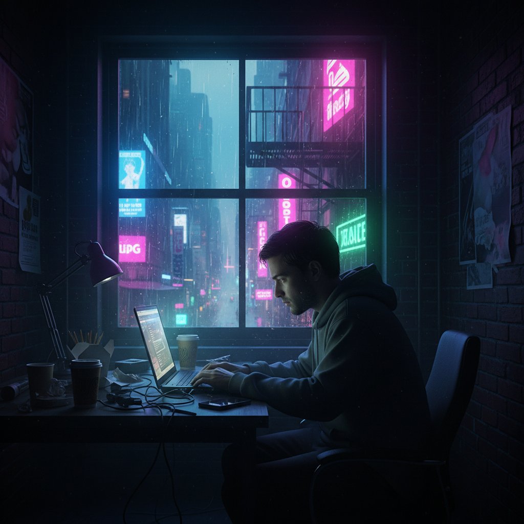 Osoba samotna nocą przed laptopem, światło ekranu i odbicia neonów, urbanistyczny klimat, samotność w sieci