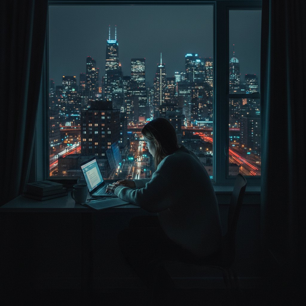 Junge Person sitzt nachts alleine vor einem leuchtenden Laptop, Stadtlichter im Hintergrund, Symbol für digitale Einsamkeit und anonyme Beziehungshilfe