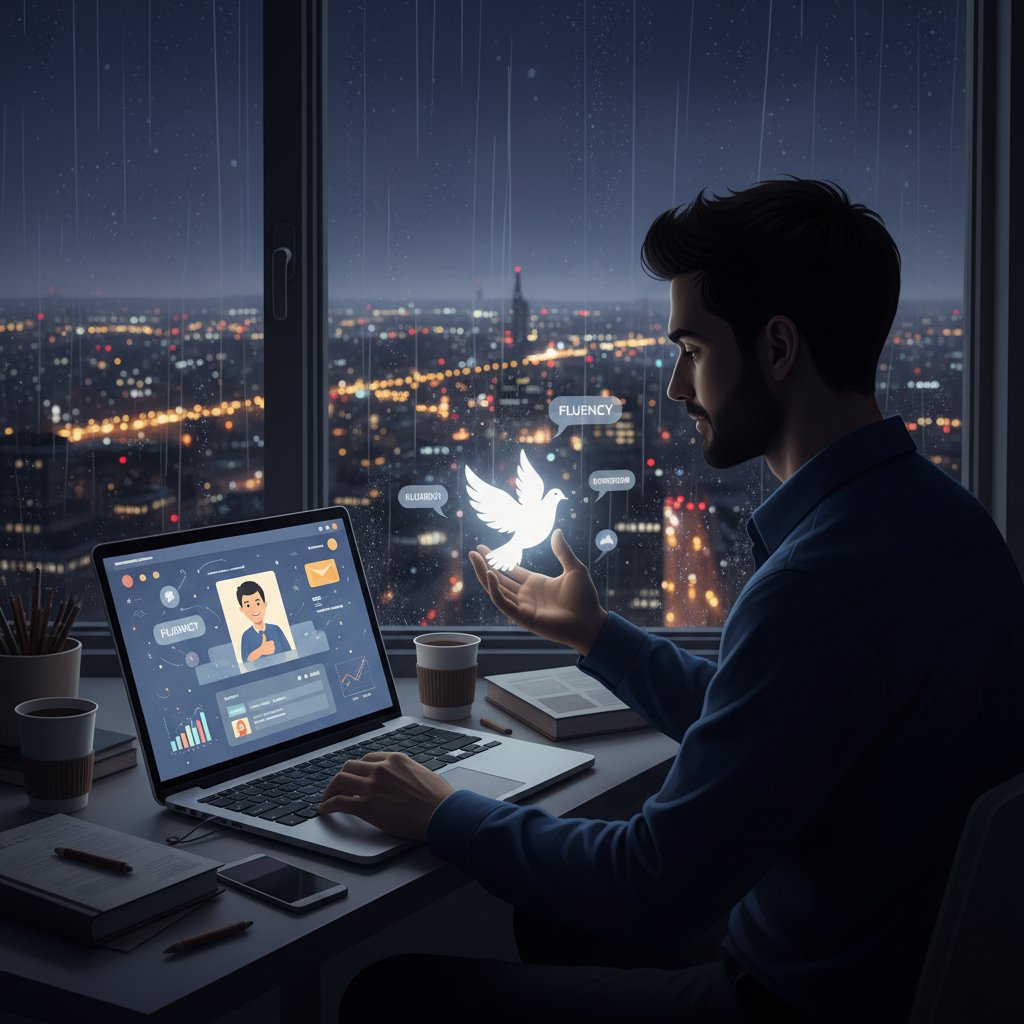 Samotny użytkownik przy laptopie, kontrastowa noc – nauka angielskiego online, samotność i wolność edukacji