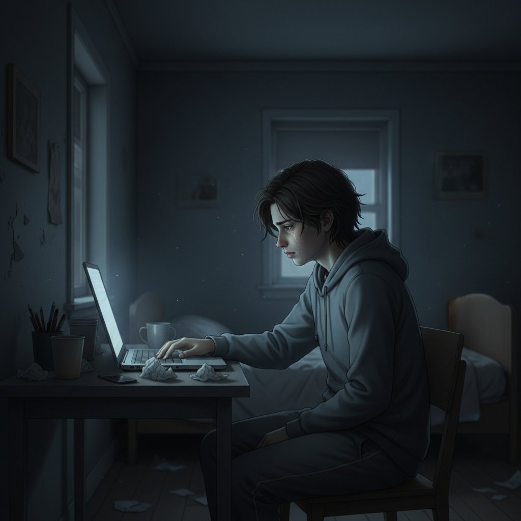 Osoba siedząca samotnie przy komputerze, ekran rozświetla twarz i wywołuje emocje smutku i tęsknoty