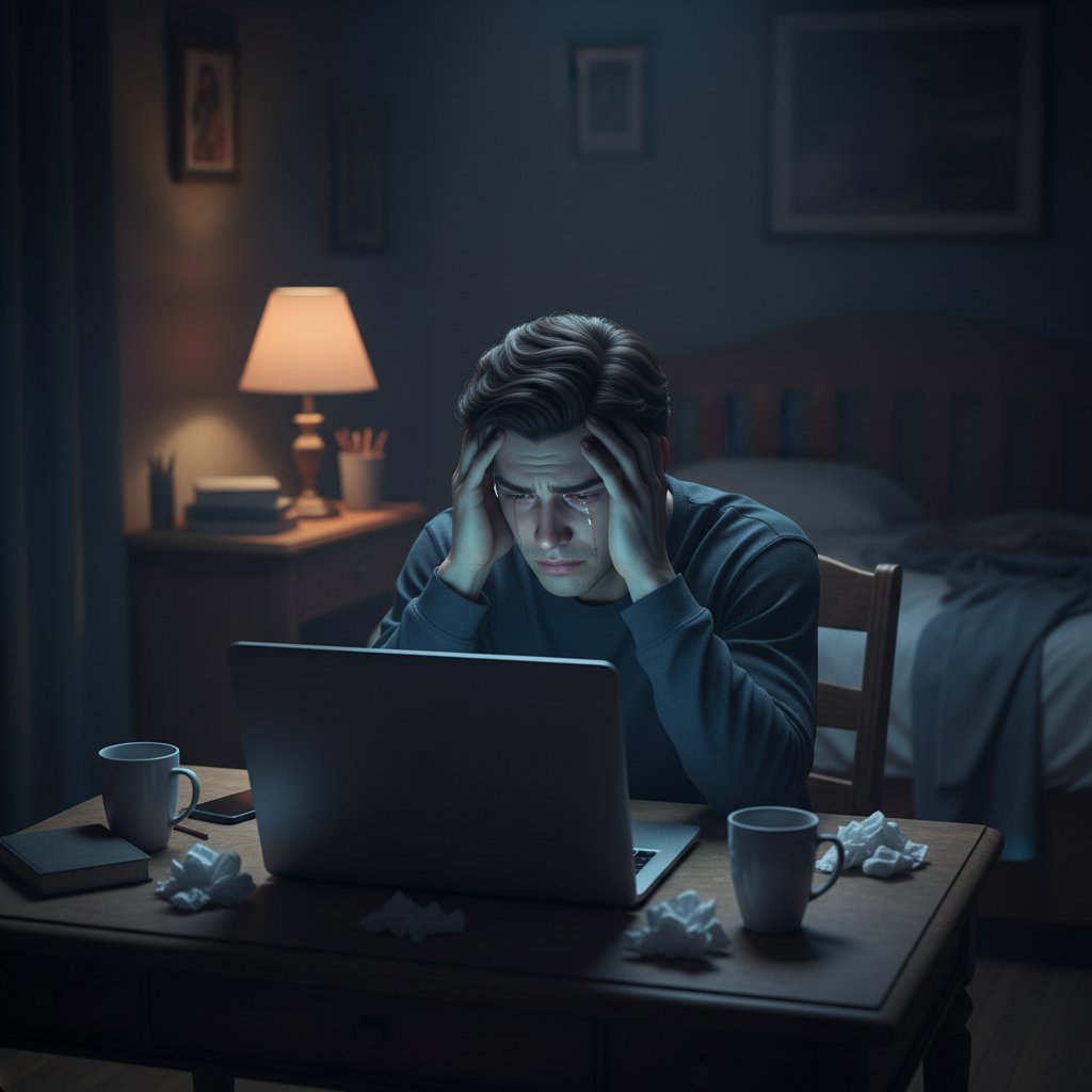 Osoba samotna wieczorem korzystająca z laptopa, światło ekranu odbija się na twarzy – obraz oddaje więź z chatbotem emocjonalnym