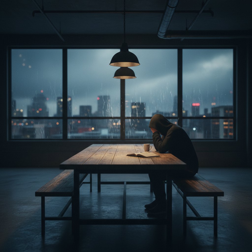 Osoba siedząca samotnie przy długim stole, wyraźnie wykluczona, dramatyczne oświetlenie, temat: lekceważenie i wycofanie