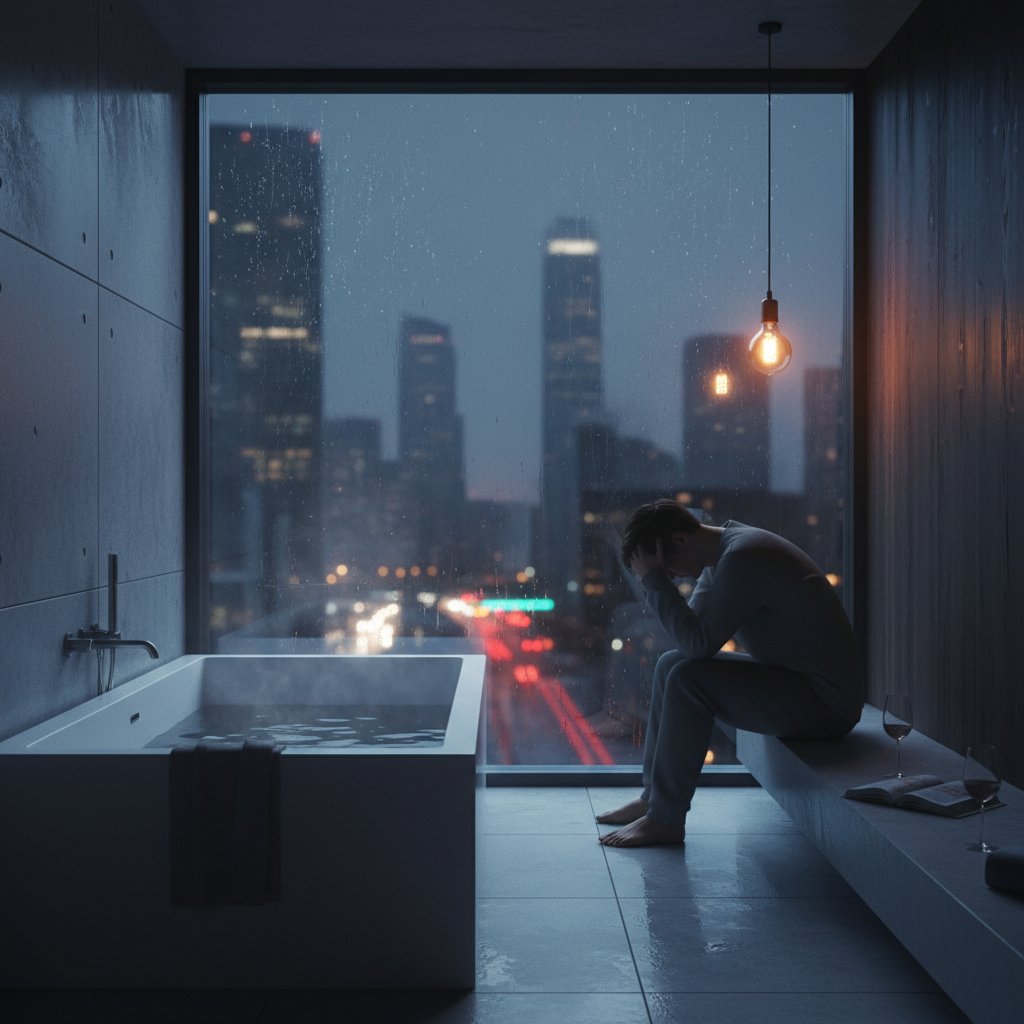 Osoba siedząca samotnie na brzegu nowoczesnej łazienki, napięcie w postawie, nocne miasto za matowym oknem, słowa kluczowe: zaparcia, tabu, wstyd