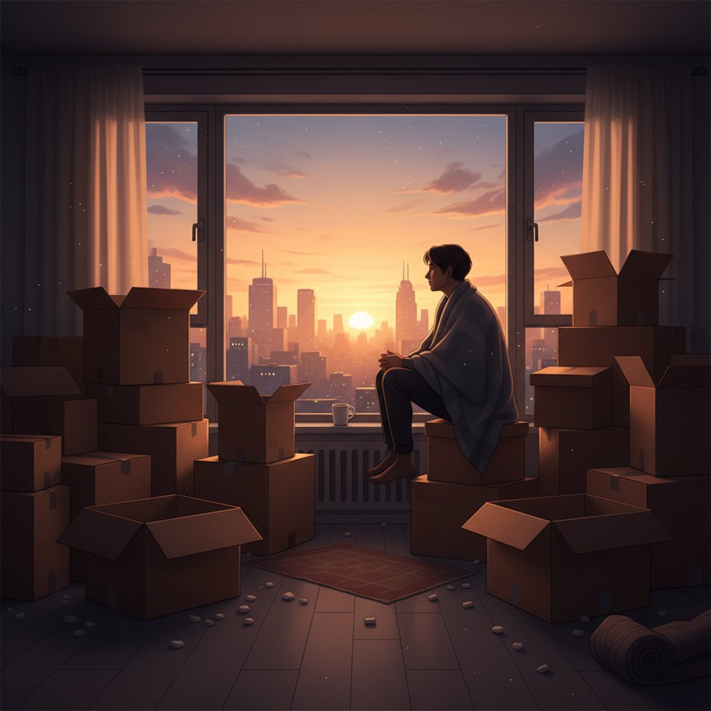Osoba siedząca samotnie w nowym mieszkaniu, światło zachodzącego słońca, widok na miasto, przeprowadzka i samotność