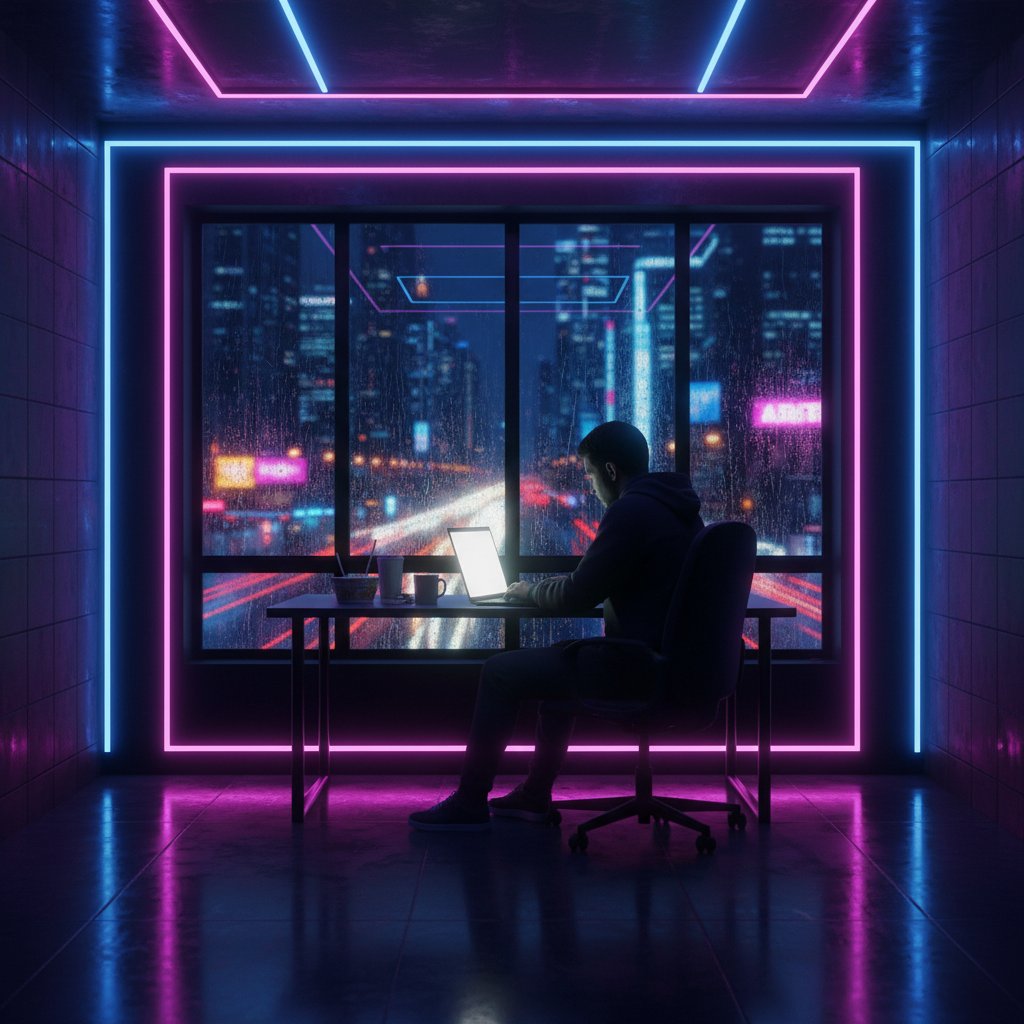 Samotna osoba w neonowym pokoju przy laptopie, poszukująca wsparcia online