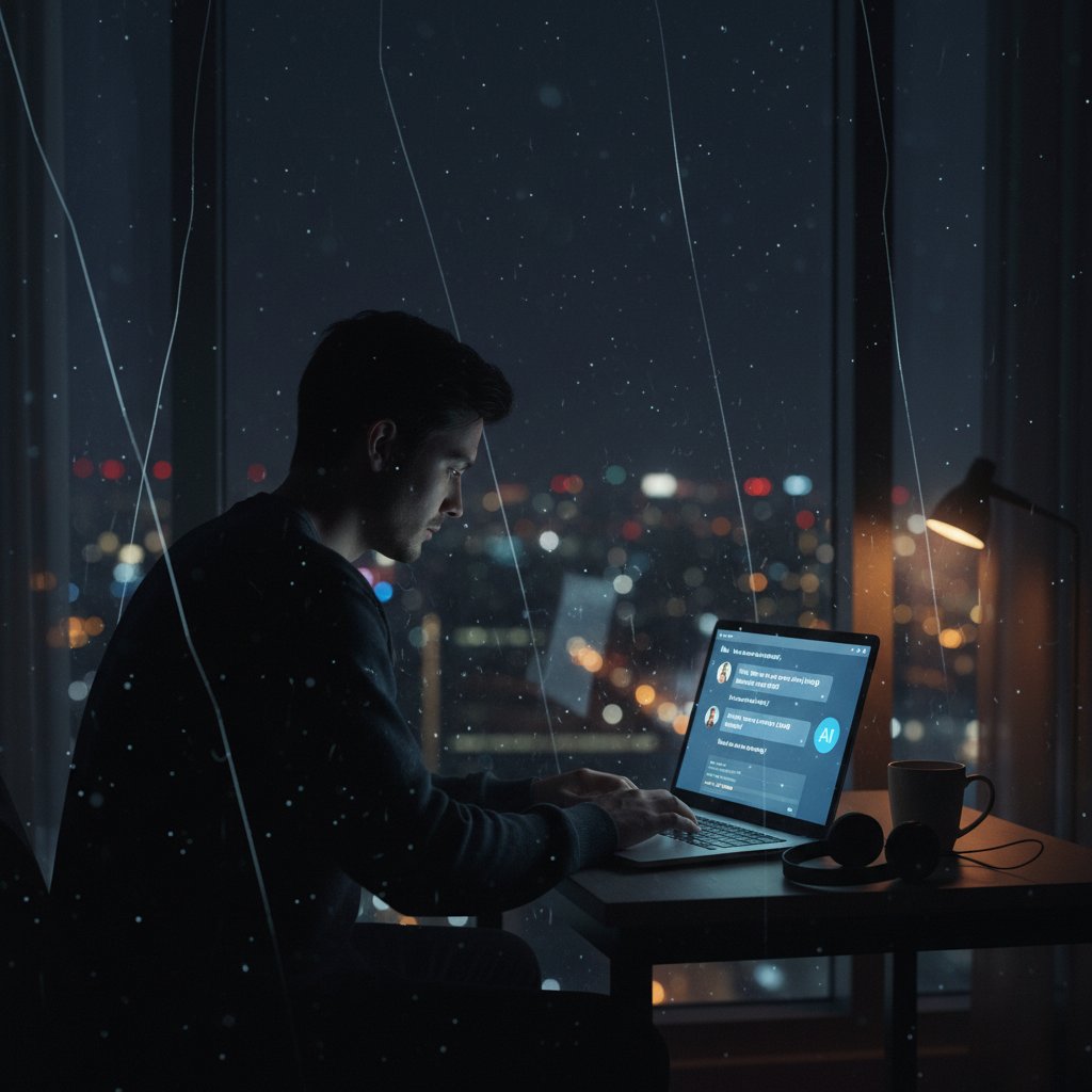 Samotna osoba patrzy przez okno nocą w mieście, obok laptop z rozmową z botem