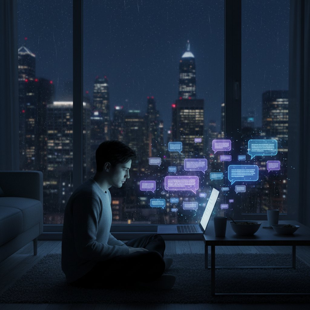 Młoda osoba siedząca samotnie w mieszkaniu przy laptopie, noc, ekran oświetla twarz, wokół cyfrowe dymki z rozmowami, ilustracja samotności w mieście