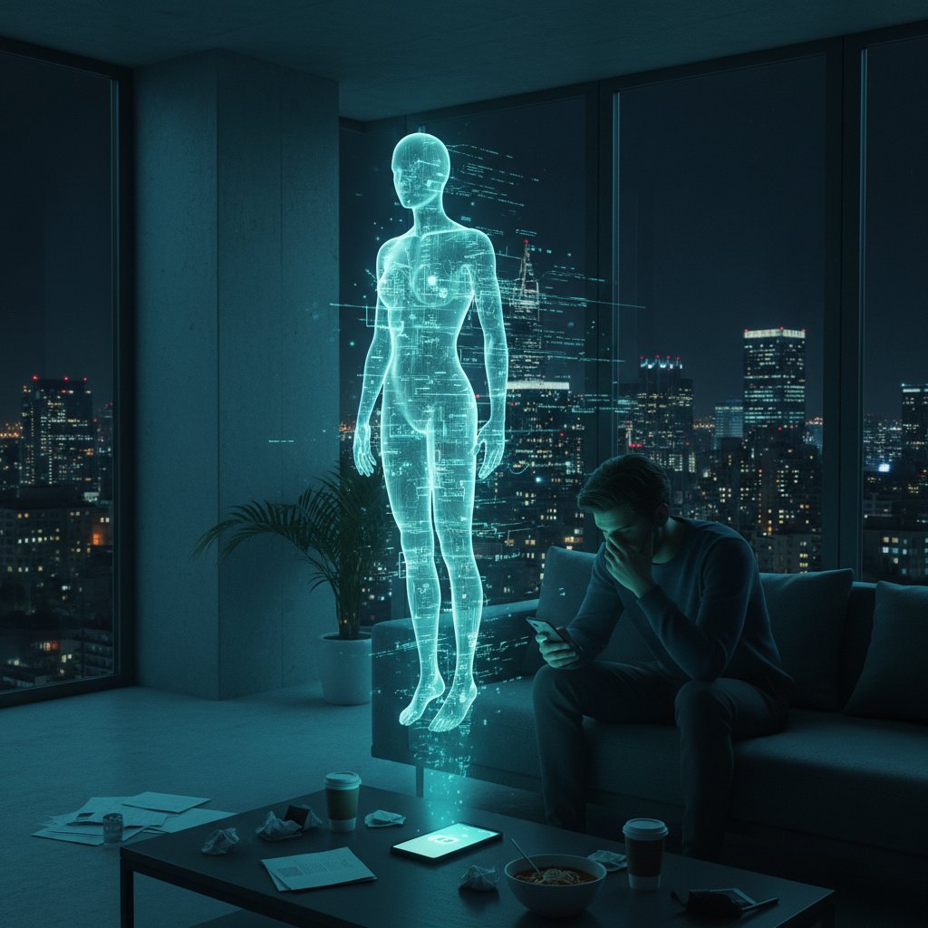 Osoba siedząca samotnie w mieszkaniu nocą, oświetlona niebieskim światłem telefonu, z projekcją cyfrowej sylwetki AI obok