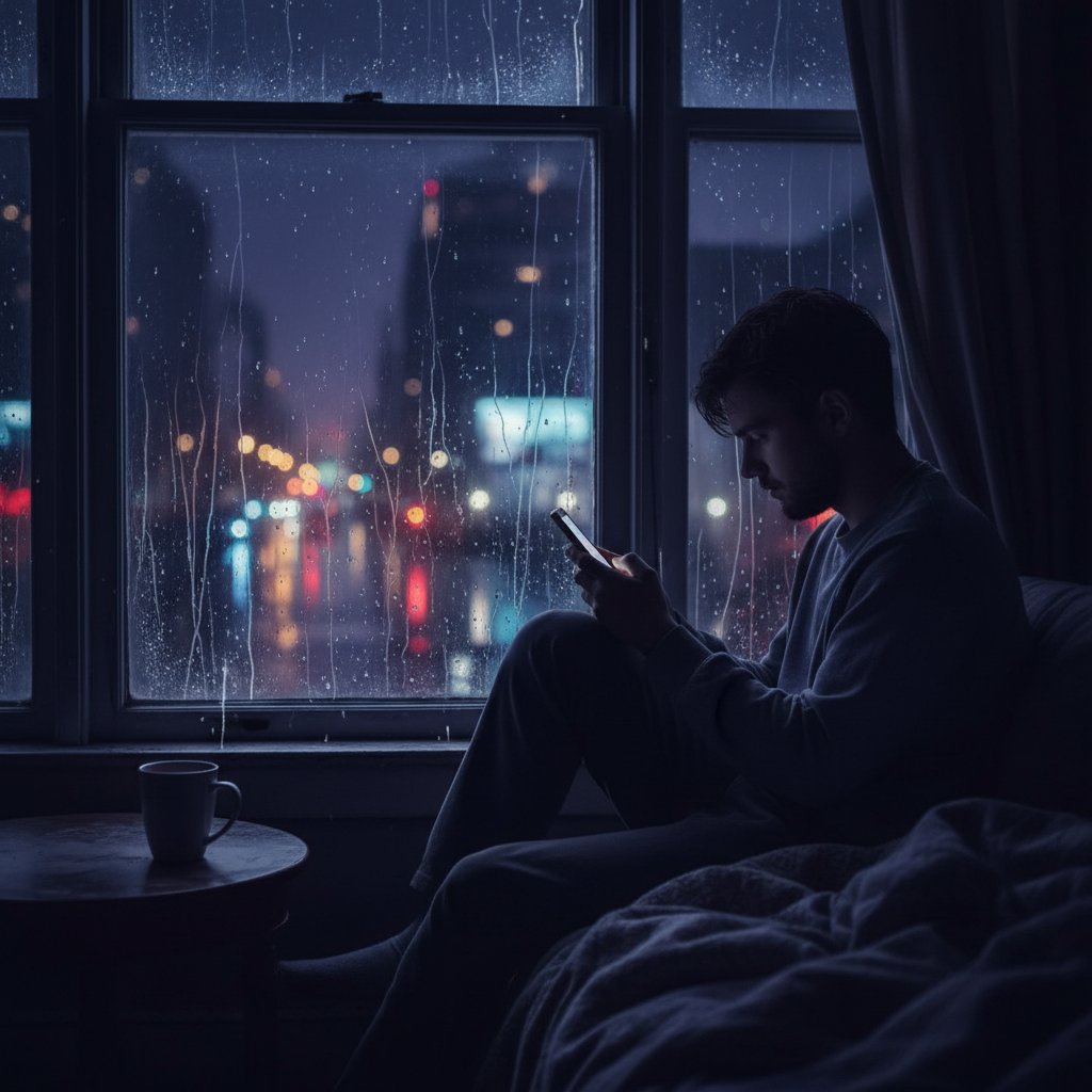 Osoba siedząca nocą przy oknie, rozświetlona światłem telefonu, symbolizująca samotność i wsparcie emocjonalne online