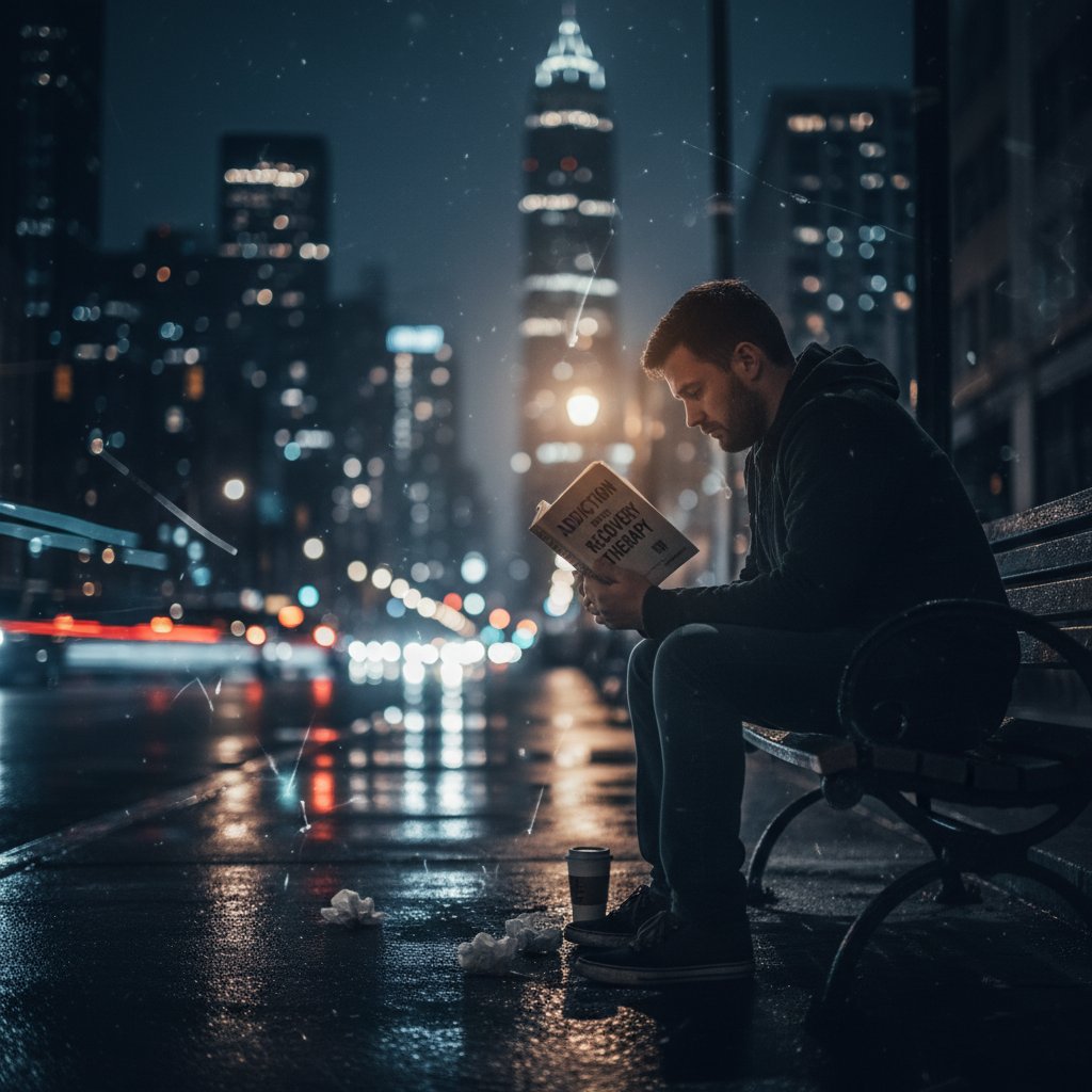 Samotna osoba siedząca nocą na ławce w mieście, refleksyjna atmosfera, światła miasta w tle, słowa kluczowe: terapia uzależnień, samotność, walka z nałogiem
