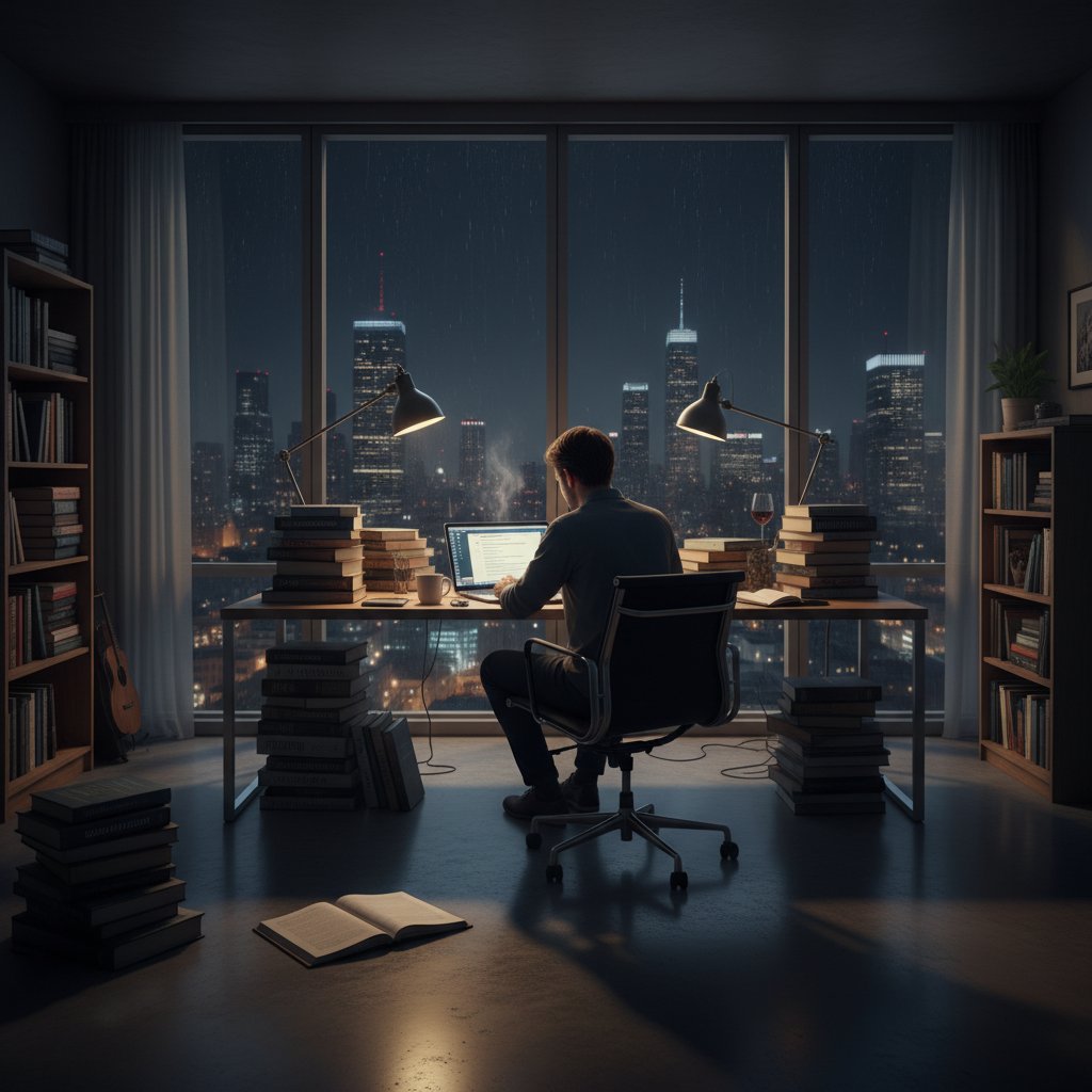 Osamotniona osoba nocą przy laptopie, wokół książki filozoficzne i otwarte okna czatów