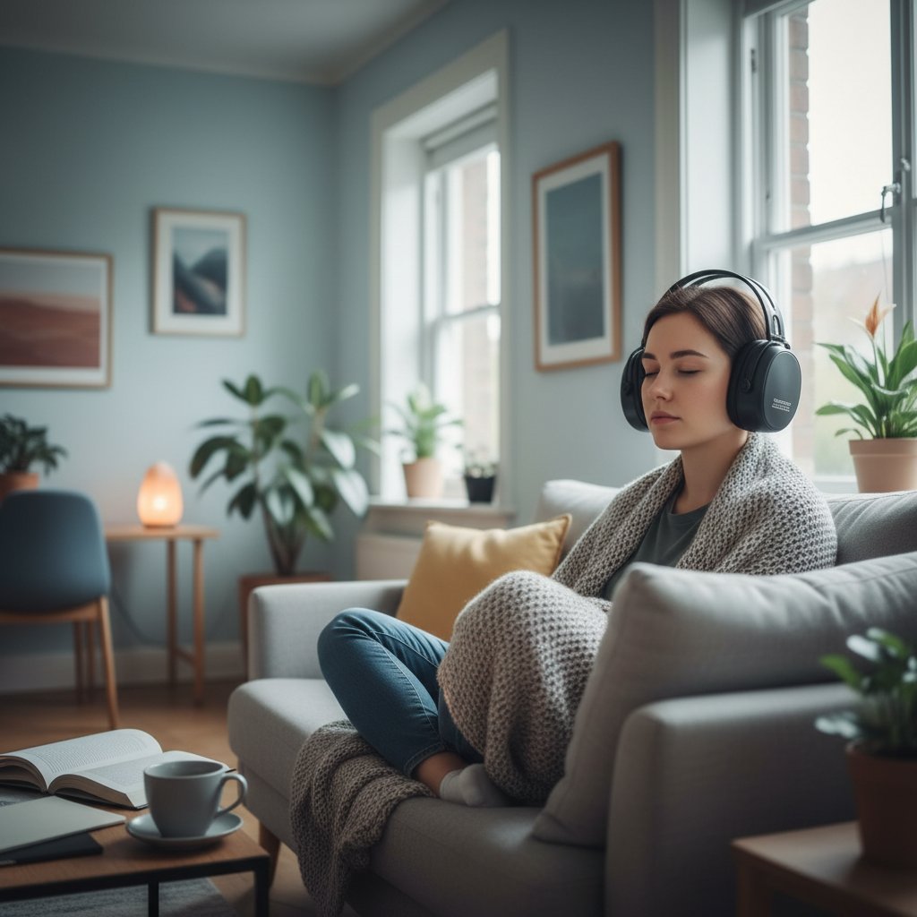Samotna osoba w cichym mieszkaniu, smutek i wyobcowanie, psychologia ciszy i ochrona słuchu