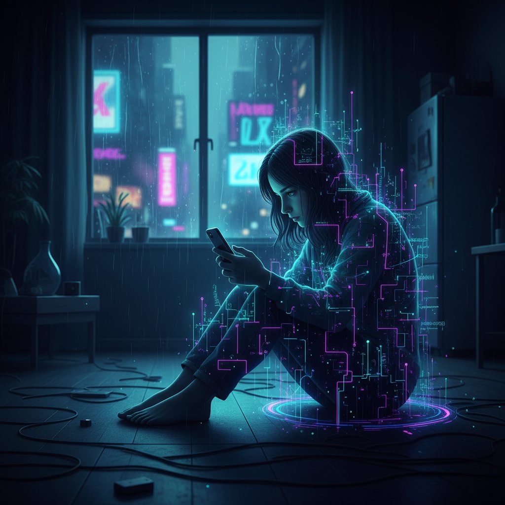 Lonely person scrolling a phone in neon-lit room, digital connection and isolation, online relationship resources