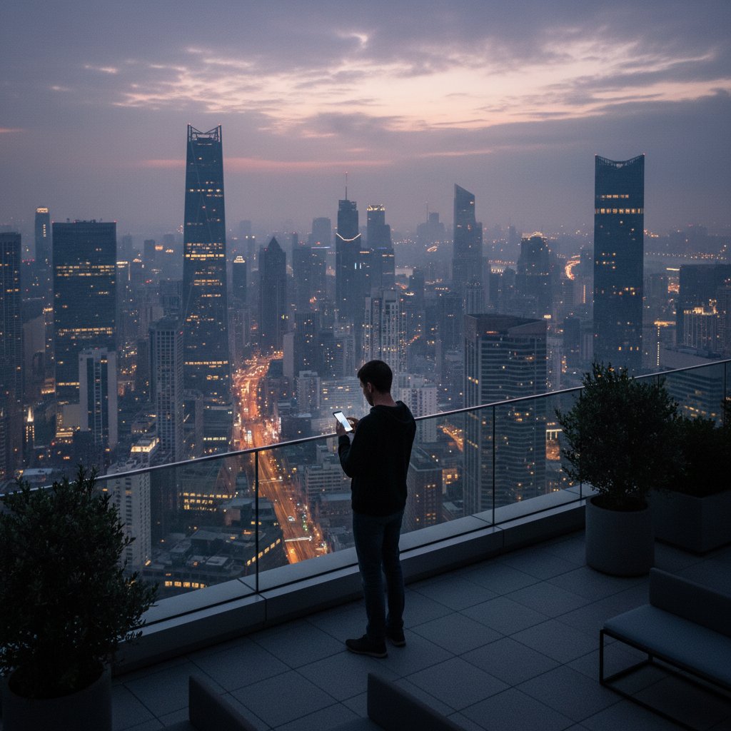 Samotna osoba z telefonem na tle nowoczesnych wieżowców, obrazująca paradoks technologii i samotności