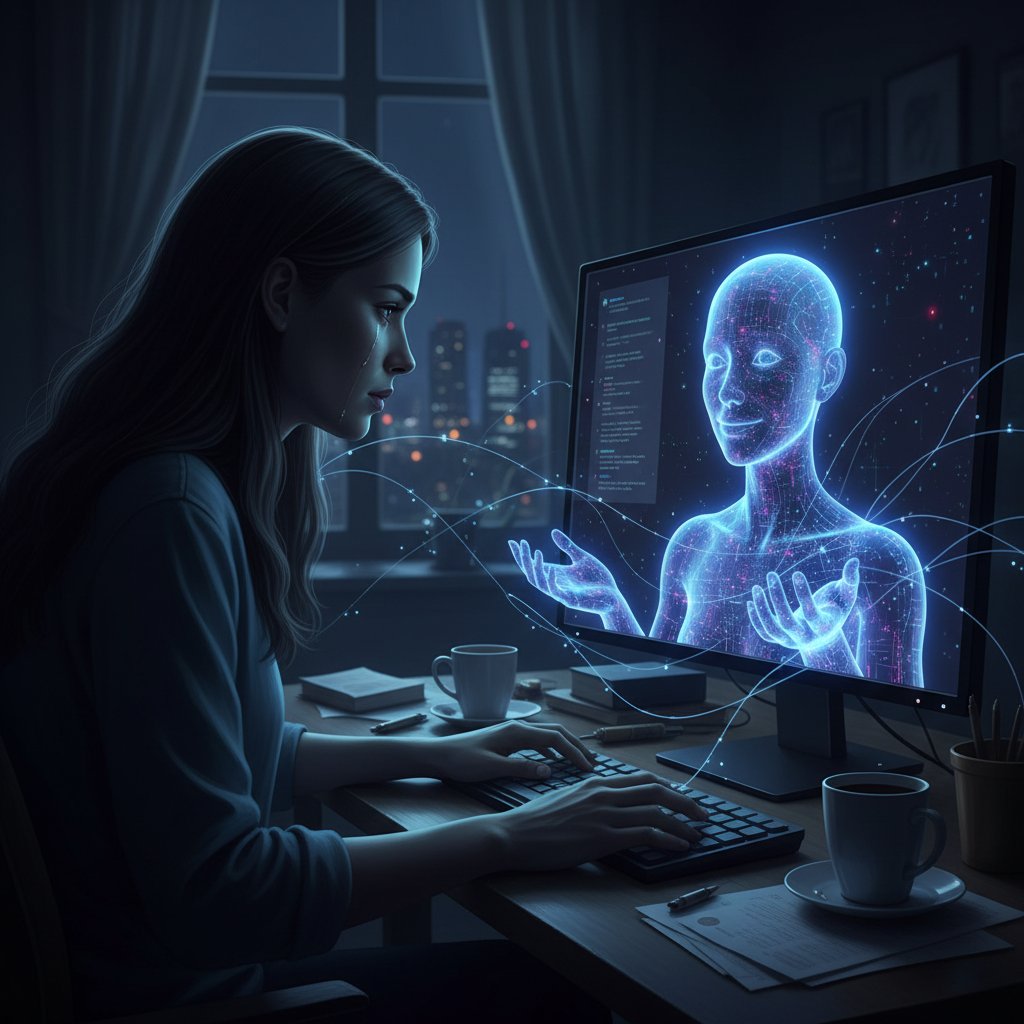 Samotny człowiek rozmawiający z humanoidalnym AI przy komputerze w nocnym pokoju, symbolizujący emocjonalną więź z maszyną