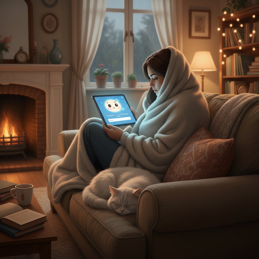 Osoba samotna rozmawiająca przez chatbot terapeutyczny, domowe wnętrze, poczucie bezpieczeństwa