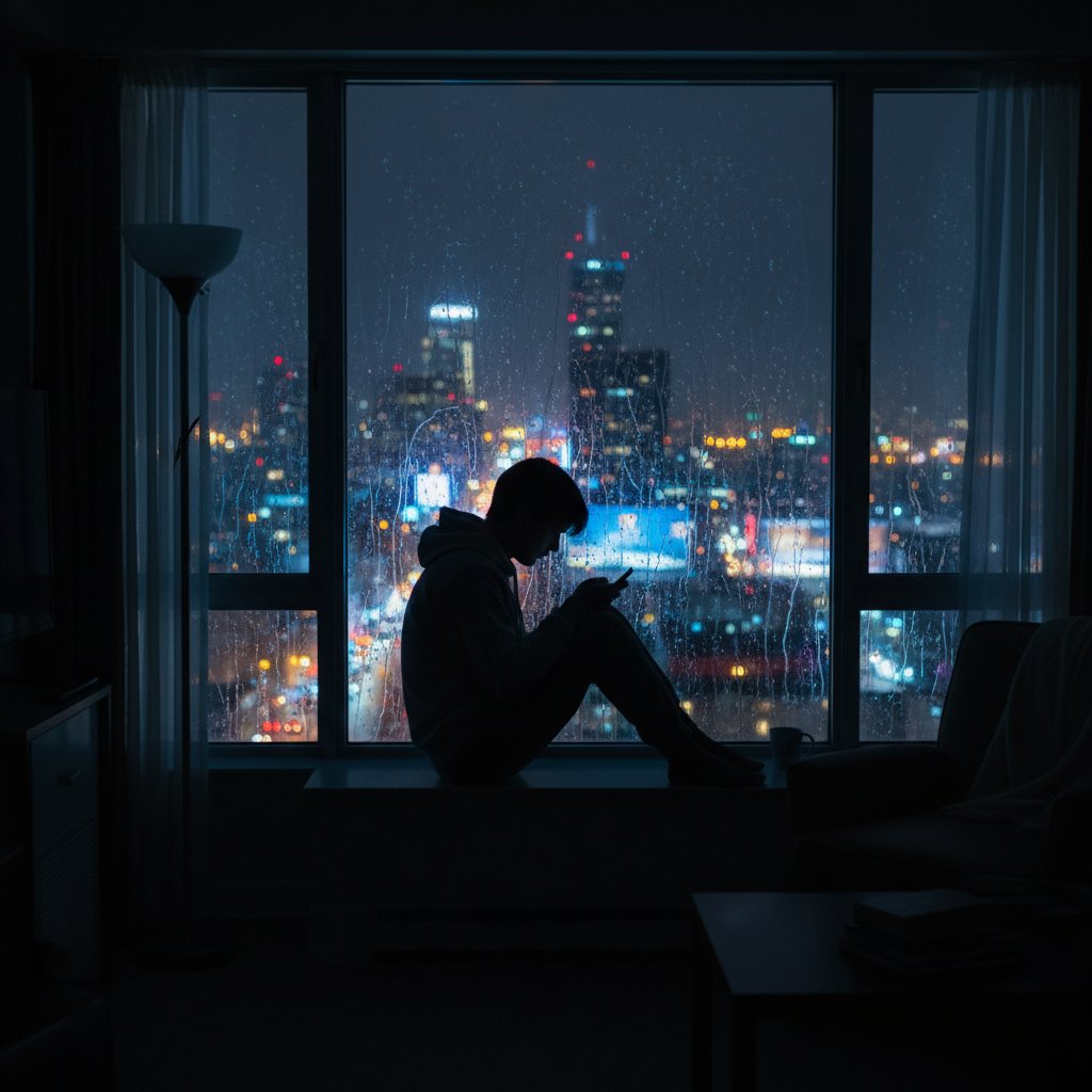 Osoba siedząca samotnie w ciemnym, nowoczesnym mieszkaniu po rozstaniu