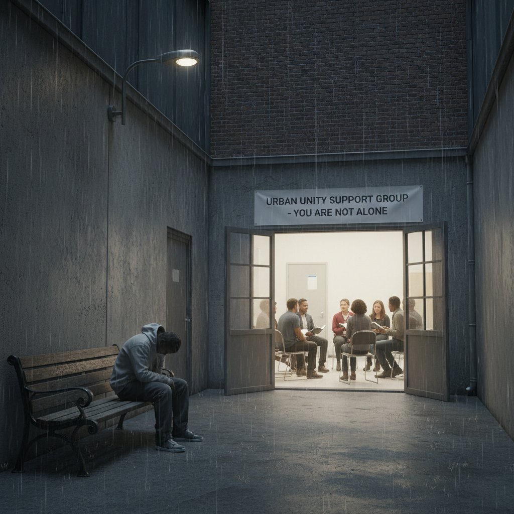 Samotna osoba na ławce w miejskim podwórku, symbolizująca uczucie izolacji i potrzebę wsparcia