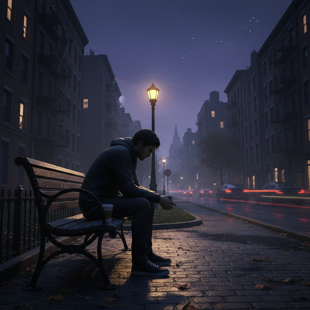 Samotna osoba siedząca na ławce w wieczornym mieście, światła uliczne tworzą melancholijną atmosferę