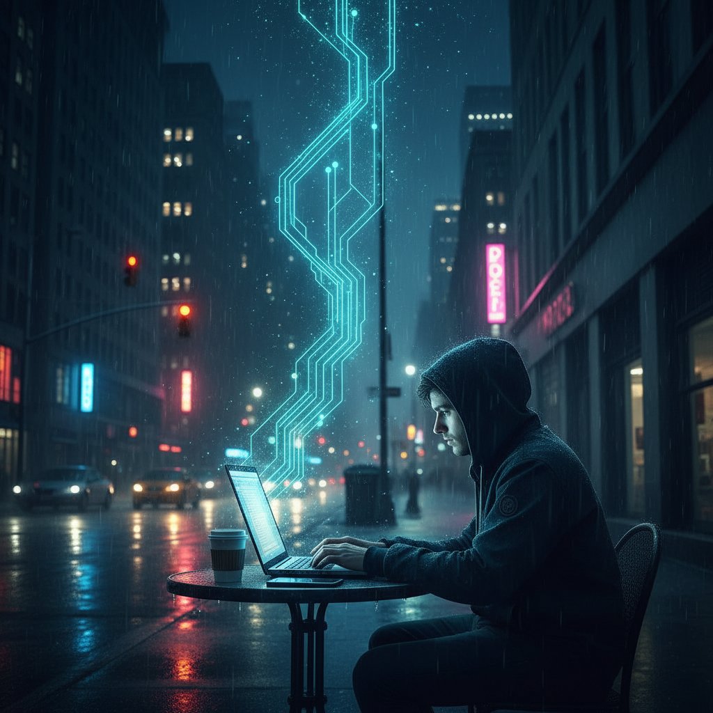 Samotny człowiek patrzący w ekran laptopa nocą, cyfrowe światła odbijają się w okularach