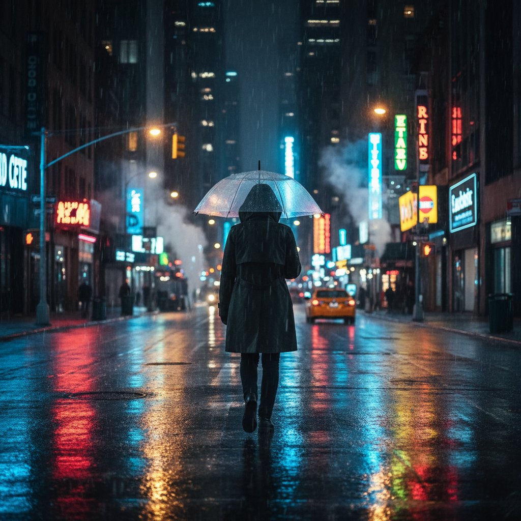 Osoba stojąca samotnie w tłumie nocnego miasta, światła odbijające się w deszczu – symbol samotności wśród ludzi