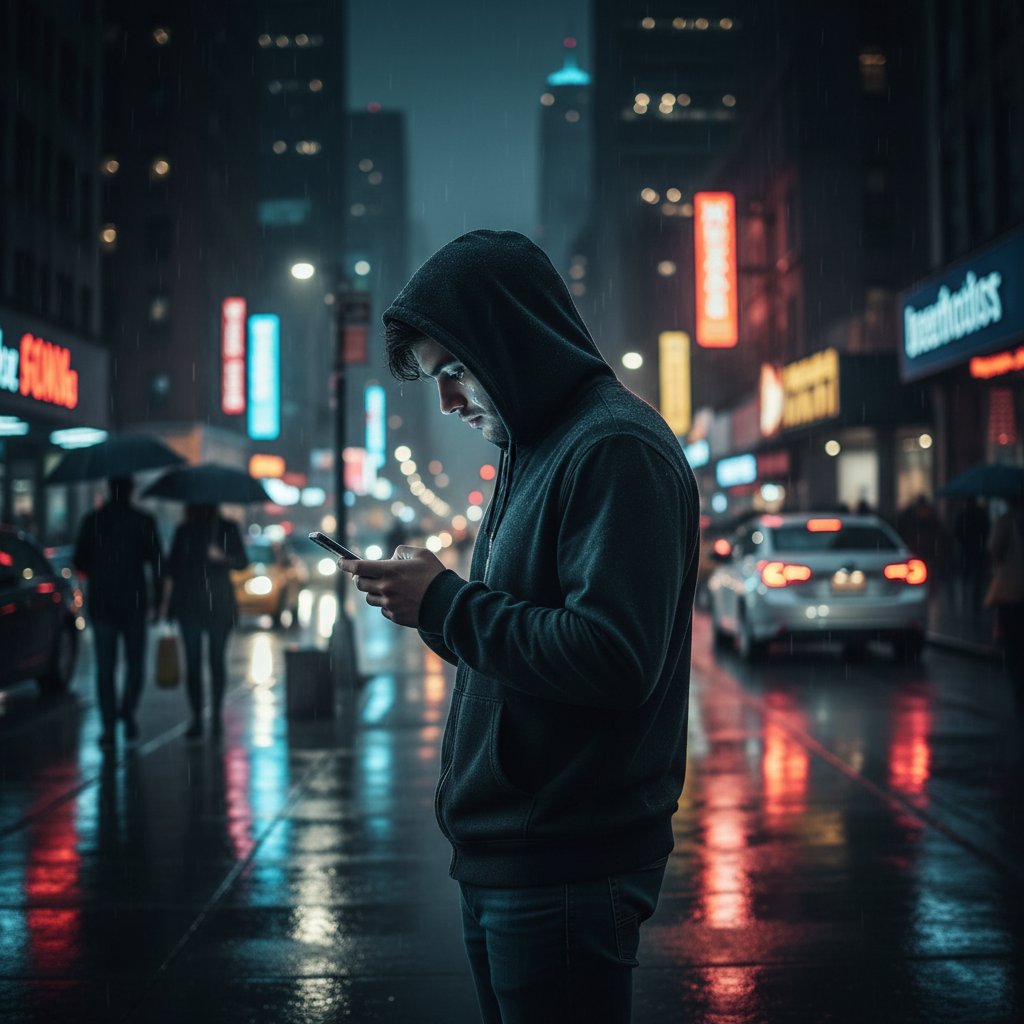 Einsame Person in Großstadt mit Smartphone bei Nacht, Online Partner Chat KI