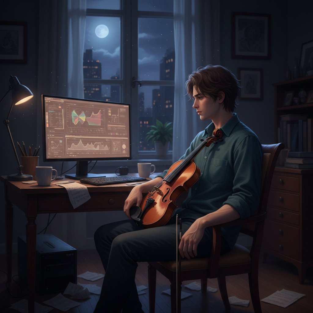 Samotna osoba ćwicząca skrzypce przy komputerze, późnym wieczorem