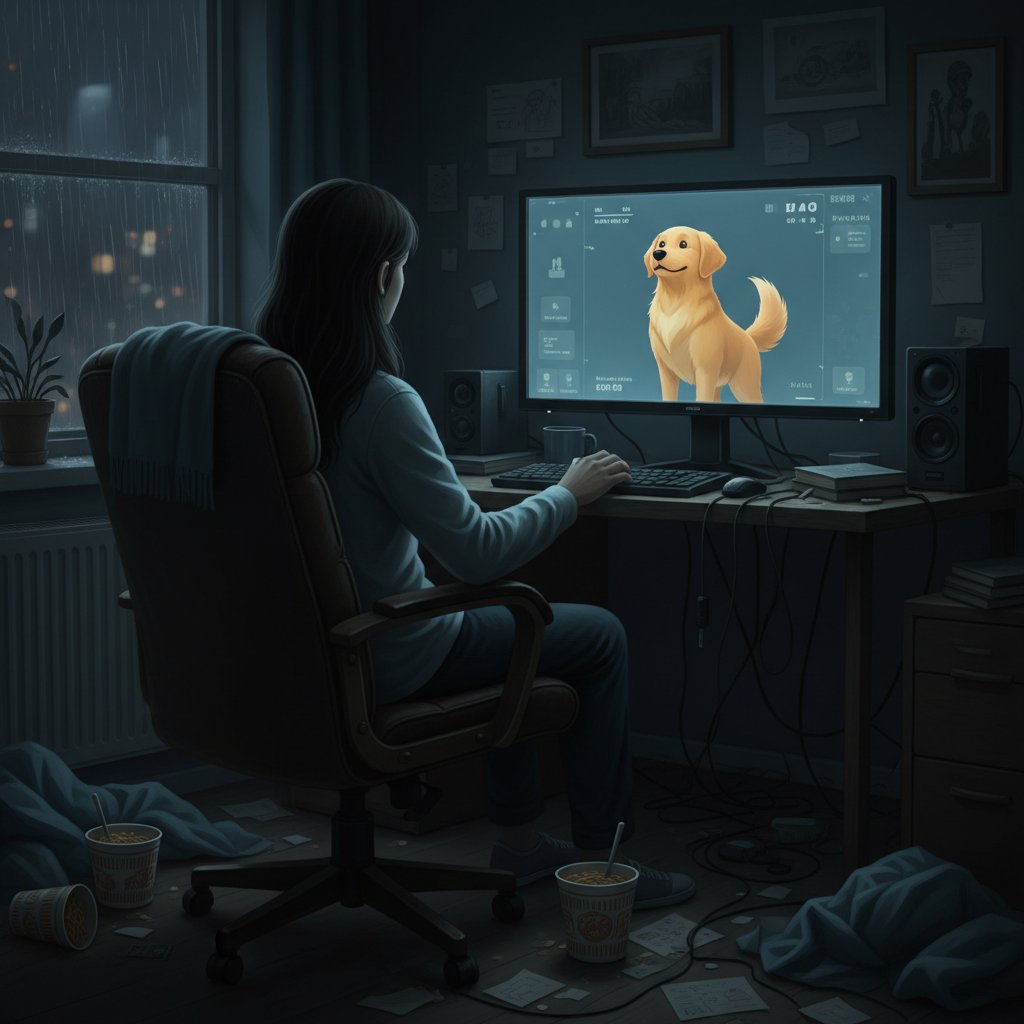 Samotna osoba patrząca na ekran z wirtualnym psem, symbol cyfrowej bliskości