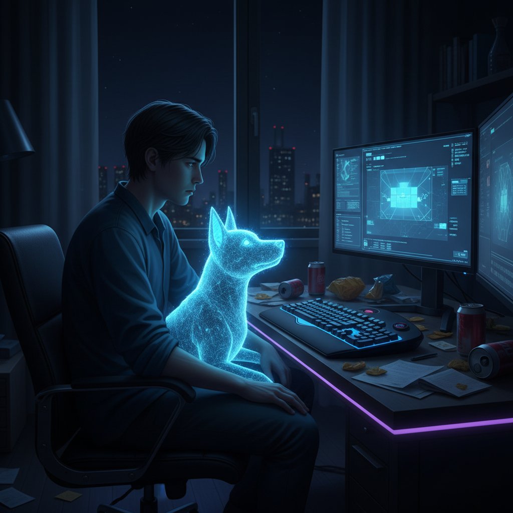 Samotna osoba siedząca wieczorem przy komputerze z wirtualnym pieskiem na ekranie